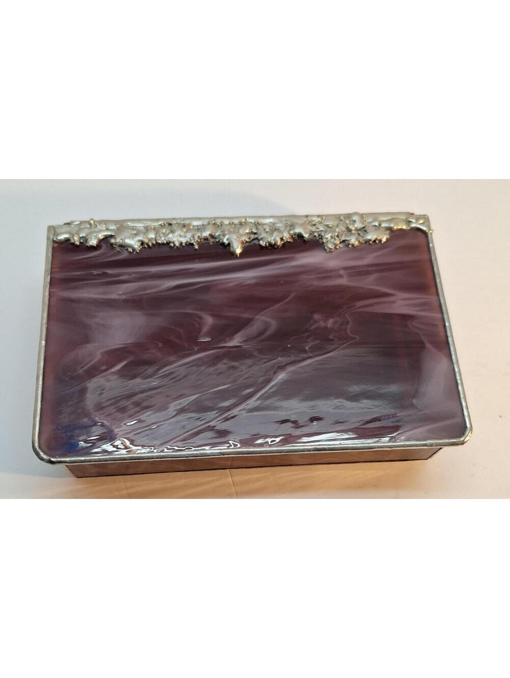 Vintage Purple Slag Glass Trinket Jewelry Box Sculpted Solder Art Deco AS IS